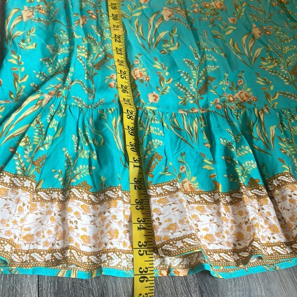 Boho Turquoise Floral  dress,cut out shoulders, tassel front trim,Large - Picture 7 of 8
